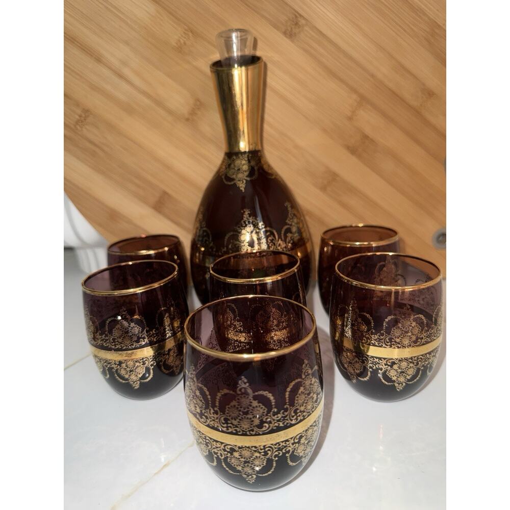 Murano Vecchia Gold And Amethyst Colored Glass Decanter and 6 Cups Italy